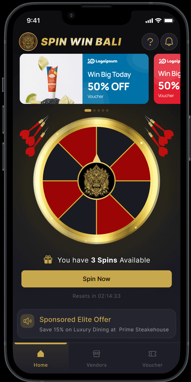 Spin Win Bali app home screen